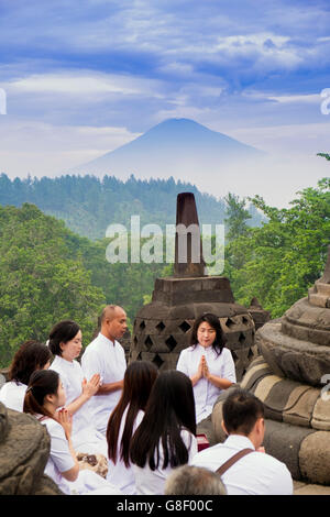 Pèlerins bouddhistes priant ensemble tôt le matin, Borobudur, Indonésie, Asie du sud-est Banque D'Images