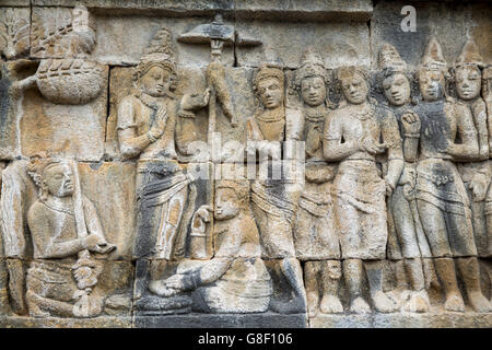 À sculptures Borobudur Site du patrimoine mondial, un 9ème siècle Temple Bouddhiste Mahayana à Magelang, Java central Banque D'Images