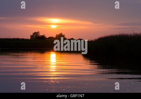 Coucher du soleil sur la rivière Bure de Stracey Arms près de Acle. Norfolk Broads. UK. De juin. Banque D'Images