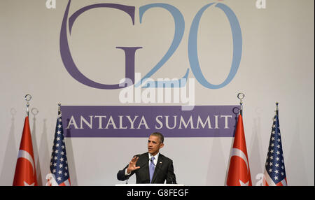 LE président AMÉRICAIN Barack Obama s'est exprimé lors d'une conférence de presse lors du sommet du G20 des dirigeants mondiaux à Antalya en Turquie. Banque D'Images