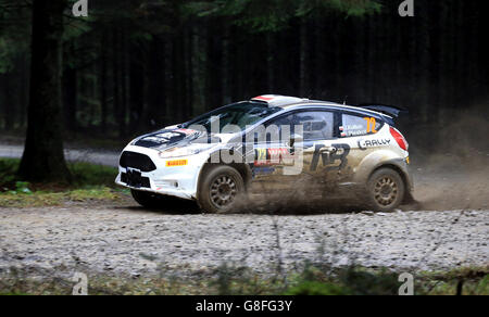 Le pilote de C-Rally Jaroslaw Koltun et le co-pilote Ireneusz Pleskot dans une Ford Fiesta R5 pendant le quatrième jour du Rallye GB pays de Galles. Banque D'Images