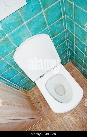 Dans une cuvette wc blanc turquoise et marron salle de bains Banque D'Images