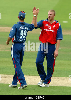 Cricket - série triangulaire de NatWest International - finale - Angleterre v Australie - Lord's.Andrew Flintooff, en Angleterre, célèbre le cricket de Brett Lee, en Australie Banque D'Images