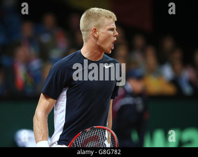 Kyle Edmund, en Grande-Bretagne, célèbre un point contre David Goffin, en Belgique, lors de la première journée de la finale de la coupe Davis au Flanders Expo Centre, à Gand.Date de la photo : vendredi 27 novembre 2015.Voir PA Story TENNIS Davis Cup.Le crédit photo devrait se lire comme suit : Andrew Milligan/PA Wire. Banque D'Images