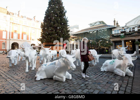 UTILISATION ÉDITORIALE SEULEMENT 20 statues de vaches blanches sont placées sur le marché de Covent Garden de Londres par Arla Foods pour lancer la campagne de la coopérative pour les produits portant la marque laitière appartenant aux agriculteurs. Banque D'Images