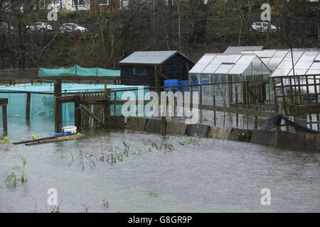 Une zone inondée à Hawick, en Écosse, alors que Storm Desmond frappe le Royaume-Uni. Banque D'Images