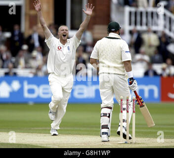 Cricket - les cendres - npower First Test - Angleterre v Australie - Lord's.Andrew Flintock, en Angleterre, célèbre le cricket de Matthew Hayden, en Australie, pour 34 courses. Banque D'Images