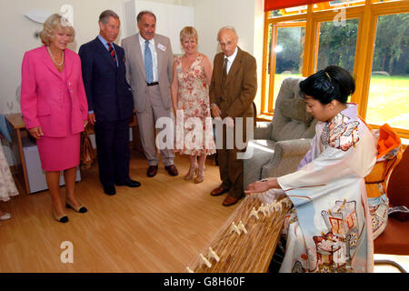 Le prince de Galles et la duchesse de Cornwall rencontrent William Green, un patient (à droite), alors que l'étudiant japonais en musicothérapie Hiroko joue le 'Koto' lors d'une visite à l'Hospice Ty George Thomas de Cardiff. Le prince et la duchesse sont le dernier jour d'une visite de trois jours en Principauté. Banque D'Images