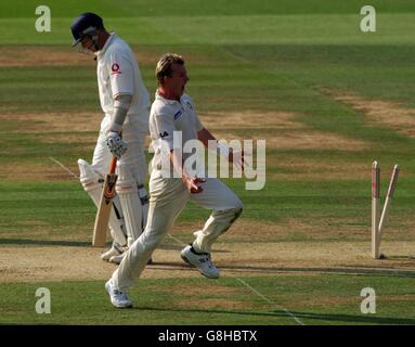 Cricket - les cendres - npower First Test - Angleterre v Australie - Lord's.Le Brett Lee d'Australie célèbre le cricket d'Ashley Giles en Angleterre Banque D'Images