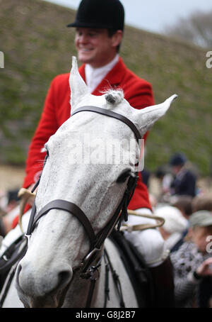 Chasses du lendemain de Noël.La chasse Avon Vale se réunit dans le village de Lacock dans le Wiltshire pour la chasse annuelle du lendemain de Noël. Banque D'Images