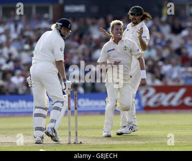 Brett Lee (C) en Australie célèbre le cricket de Matthew Hoggard (L) en Angleterre. Banque D'Images