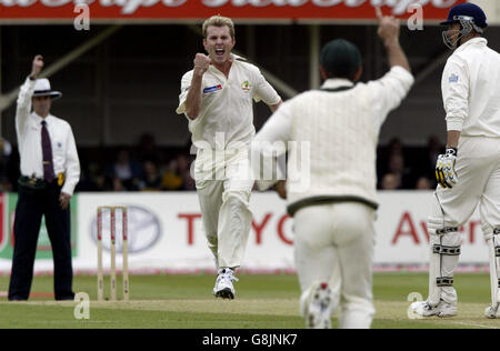 Le Brett Lee d'Australie célèbre le match de cricket de l'Angleterre, Marcus Trescothick, capturé par Adam Gilchrist pour 21 courses. Banque D'Images