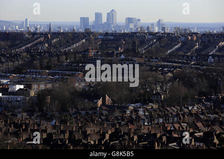 Londres Skyline stock. Canary Wharf vue depuis Alexandra Palace. Banque D'Images