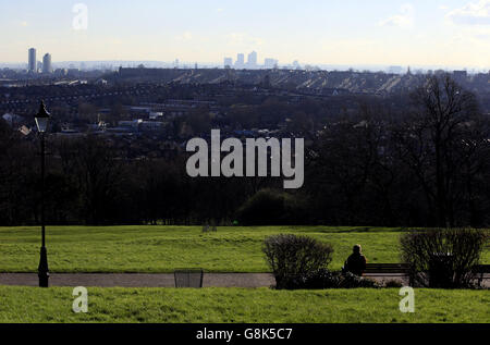 Londres Skyline stock. Canary Wharf vue depuis Alexandra Palace. Banque D'Images