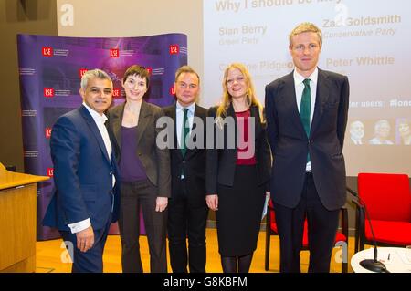 (De gauche à droite) le Labour's Sadiq Khan, Caroline Pidgeon, libérale démocrate, Peter Whittle de UKIP, Sian Berry et Zac Goldsmith, conservateur, lors du débat « Pourquoi je devrais être maire de Londres demain », à la London School of Economics, Londres. Banque D'Images