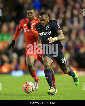 Michail Antonio (à droite) de West Ham United et Sheyi Ojo de Liverpool en action lors de la coupe Emirates FA Cup, quatrième tour de match à Anfield, Liverpool. APPUYEZ SUR ASSOCIATION photo. Date de la photo: Samedi 30 janvier 2016. Voir PA Story FOOTBALL Liverpool. Le crédit photo devrait être le suivant : Nigel French/PA Wire. Banque D'Images