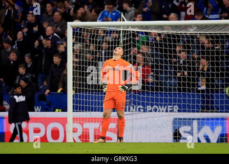 Leicester City v Stoke City - Barclays Premier League - King Power Stadium.Jack Butland, gardien de but de Stoke City, est abattu lors du match de la Barclays Premier League au King Power Stadium de Leicester. Banque D'Images