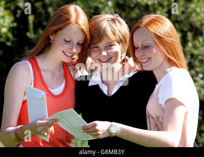 Des triplés de 18 ans (L-R) Ali, Helen et Katie Prescott de l'école secondaire de Durham célèbrent leurs passes DE NIVEAU A, et maintenant tous ont l'intention d'étudier la médecine. Ali et Katie ont obtenu trois niveaux A et Helen, sœur, quatre NIVEAUX A. Banque D'Images