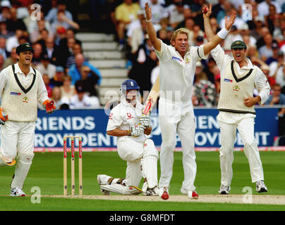 Shane Warne (au centre, à droite) célèbre après le bowling d'Andrew Strauss en Angleterre pour 35 au cours de la première journée du quatrième match de npower Test à Trent Bridge, Nottingham. Banque D'Images