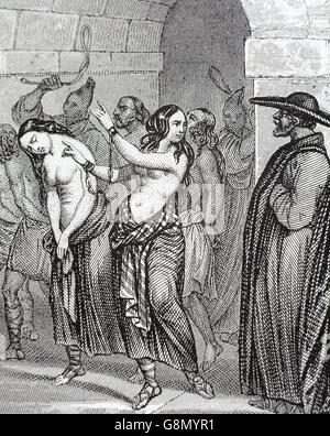 Moyen-Âge. Les femmes accusées de sorcellerie menant à la prison. Gravure, 19ème siècle. Banque D'Images