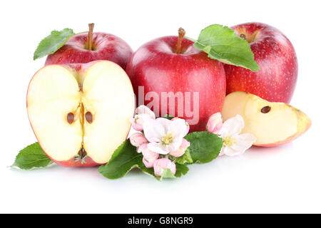 Rouge pomme pommes fruits fruits tranchés coupes la moitié isolé sur fond blanc Banque D'Images