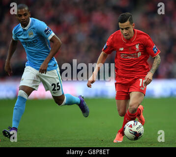 Philippe Coutinho de Liverpool en action lors de la finale de la coupe Capital One au stade Wembley, Londres. Banque D'Images