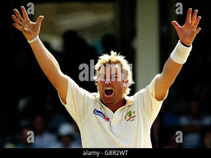 Shane Warne en Australie célèbre le cricket de Ashley Giles LBW en Angleterre pour 32 courses au cours de la deuxième journée du cinquième match de npower Test au Brit Oval, Londres, le vendredi 9 septembre 2005.APPUYEZ SUR ASSOCIATION photo.Le crédit photo devrait se lire: Rui Vieira/PA. Banque D'Images