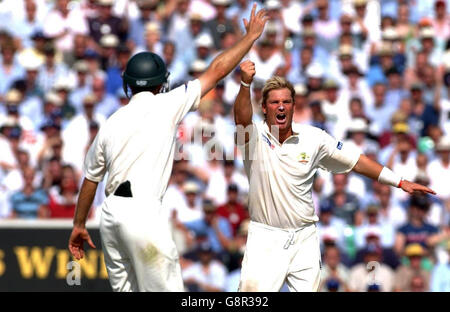 Shane Warne en Australie célèbre le cricket de Ashley Giles LBW en Angleterre pour 32 courses au cours de la deuxième journée du cinquième match de npower Test au Brit Oval, Londres, le vendredi 9 septembre 2005.APPUYEZ SUR ASSOCIATION photo.Le crédit photo devrait se lire: Chris Young/PA. Banque D'Images