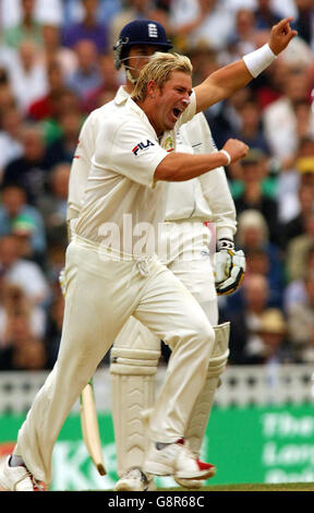 Shane Warne en Australie célèbre le cricket d'Andrew Strauss en Angleterre lors du quatrième jour du cinquième match du npower Test au Brit Oval, à Londres, le dimanche 11 septembre 2005. APPUYEZ SUR ASSOCIATION photo. Le crédit photo devrait se lire: Rui Vieira/PA. Banque D'Images