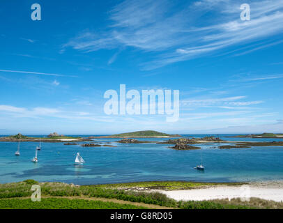 À la recherche de chêne, Îles Scilly Tresco. Northwethel les îles, les hommes-a-Vaur, St. Helens et partie de tean Banque D'Images