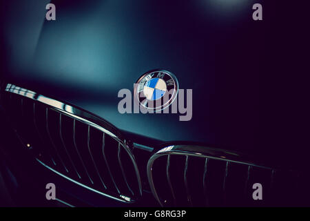 Logo BMW sur le capot de voiture Banque D'Images