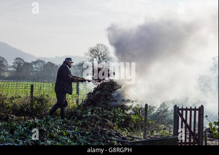 La combustion de déchets de jardin dans un jardin de campagne en hiver Banque D'Images