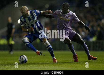 Brighton et Hove Albion v Reading - Championnat de pari de ciel - Stade AMEX.Bruno Saltor de Brighton et Hove Albion et Ola John (à droite) de Reading se battent pour le ballon Banque D'Images