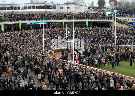 2016 Cheltenham Festival - Champion Day - Cheltenham Racecourse.Les Racegoers regardent le défilé pendant la journée des champions au Cheltenham Festival 2016 de Cheltenham Racecourse. Banque D'Images