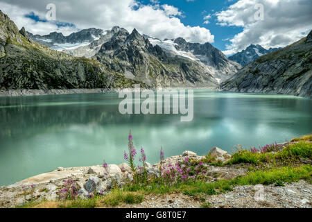 La Suisse, Swiss Alps, Bregaglia ValleyAlbigna lac et barrage ; bg. : Cima dal Cantun et Punta Albigna (2824 m) Banque D'Images