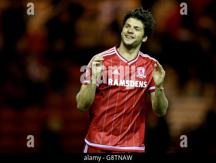 George Friend de Middlesbrough célèbre après le coup de sifflet final lors du match du championnat Sky Bet au stade Riverside, Middlesbrough. Banque D'Images