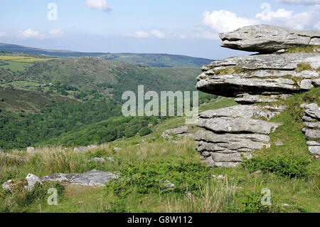 Combestone tor, un éperon rocheux dominant la vallée de Dart dans le parc national du Dartmoor. Banque D'Images