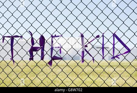 'Le Kid', le nom du personnage du Prince dans le film Purple Rain, sur la clôture autour de Paisley Park à Chanhassen, Minnesota, USA. Banque D'Images