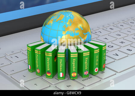 Sur le Globe avec dictionnaires portables clavier. Concept de communication mondiale, rendu 3D Banque D'Images