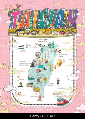 La carte de voyage de Taiwan design avec attractions et les gourmets dans des couleurs éclatantes Illustration de Vecteur