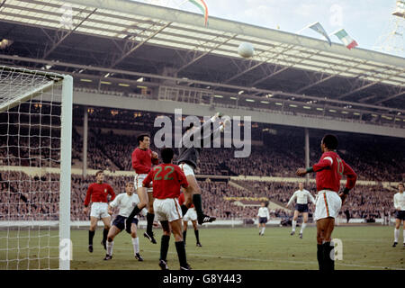 Football - coupe du monde Angleterre 1966 - semi finale - Portugal / Angleterre - Stade Wembley. Le gardien de but du Portugal Jose Pereira libère le ballon Banque D'Images