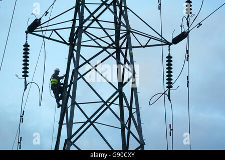 Un ouvrier de l'électricité répare les lignes électriques qui ont été mises à l'arrêt par un incendie énorme au marchand de ferraille Nelson Stanley Ltd à Bournemouth, le mardi 15 2005 novembre.Un incendie majeur au chantier de raclage a détruit une ligne de réseau haute tension aujourd'hui qui a fait tomber des câbles d'électricité sur les jardins et les routes.Des voitures ont explosé dans les marchands de ferraille de Nelson Stanley Ltd, sur le chemin Alder, à Poole, Dorset, et un grand panache de fumée a été émis par le feu qui a commencé vers 8 heures aujourd'hui.Voir l'article sur les câbles D'INCENDIE.APPUYEZ SUR ASSOCIATION photo.Photo Credit devrait se lire: Chris Ison/PA Banque D'Images