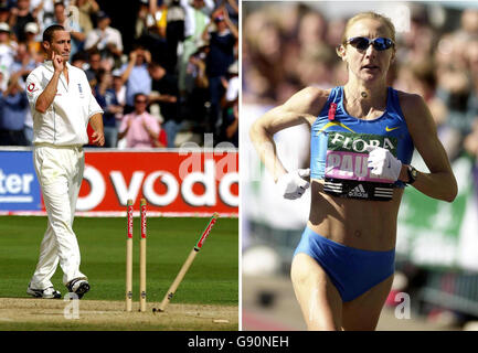 Photos du dossier de l'Angleterre Simon Jones célébrant le cricket de l'Australie Michael Kasprowicz à Trent Bridge et de Paula Radcliffe qui ont couru le marathon du 27/08/2005 et du 17/05/2005 respectivement. Des souvenirs sportifs, dont une souche du Trent Bridge Test et la veste et le short de course de Radcliffe du Chicago Marathon 2002, seront sous le marteau à Bonhams à Chester, le mercredi 2 novembre 2005. Voir PA Story SALE Sport. APPUYEZ SUR ASSOCIATION photo. Le crédit photo devrait se lire comme suit : Rui Vieira/Lindsey Parnaby /PA. Banque D'Images