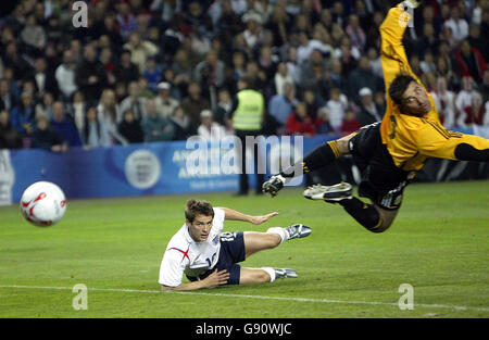 Michael Owen, en Angleterre, regarde le ballon passer devant le gardien de but argentin Roberto Abbondanzieri lors du match international amical au Stade de Genève, en Suisse, le samedi 12 novembre 2005. L'objectif a été rejeté. APPUYEZ SUR ASSOCIATION photo. Le crédit photo devrait se lire: Owen Humphreys/PA. Banque D'Images