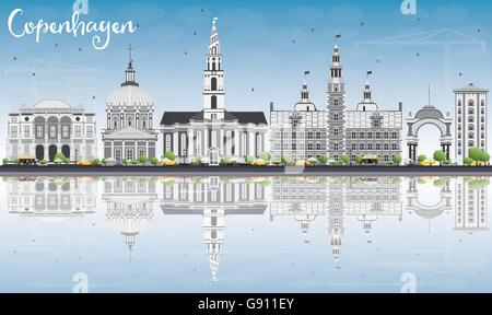 Toits de Copenhague avec repères gris, ciel bleu et des réflexions. Vector Illustration. Les voyages d'affaires et tourisme Concept Illustration de Vecteur