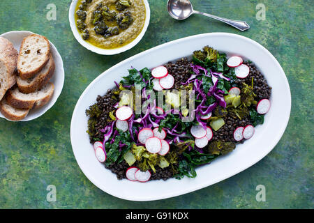 Lentilles noires Salade de brocoli Chou Brocoli carbonisés avec le pesto. Sur un vert, jaune et le fond bleu. Photographié en vue de dessus Banque D'Images