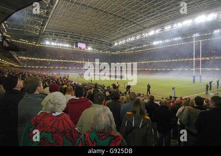 Les fans gallois attendent le début du match entre le pays de Galles et l'Australie, à l'intérieur du stade du Millénaire Banque D'Images