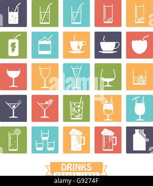 Collection de verre et boissons icônes, négatif en carrés de couleurs Illustration de Vecteur