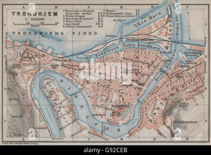 TRONDHEIM Trondhjem ville antique ville byplan & environs. La Norvège kart, 1912 map Banque D'Images