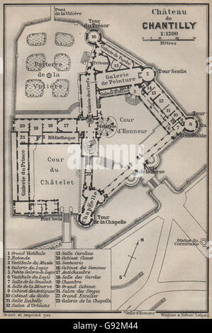 CHÂTEAU DE CHANTILLY plan d'étage. Oise carte. 1907 BAEDEKER, carte antique Banque D'Images